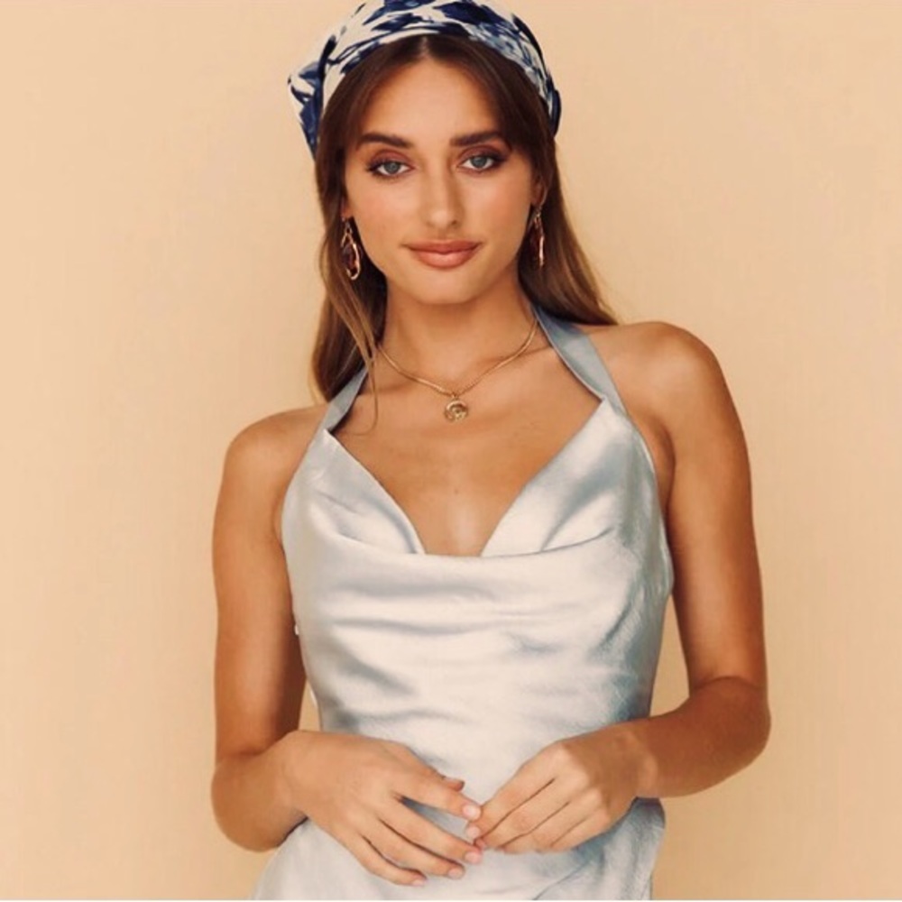 BEBE Silver Stretch Satin Halter Top Cowl Neck Cross Back w/ Bow Ruched Bottom M
